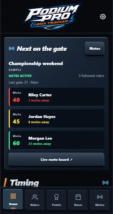 Real BMX Tracker Home screen. Sample riders and races.